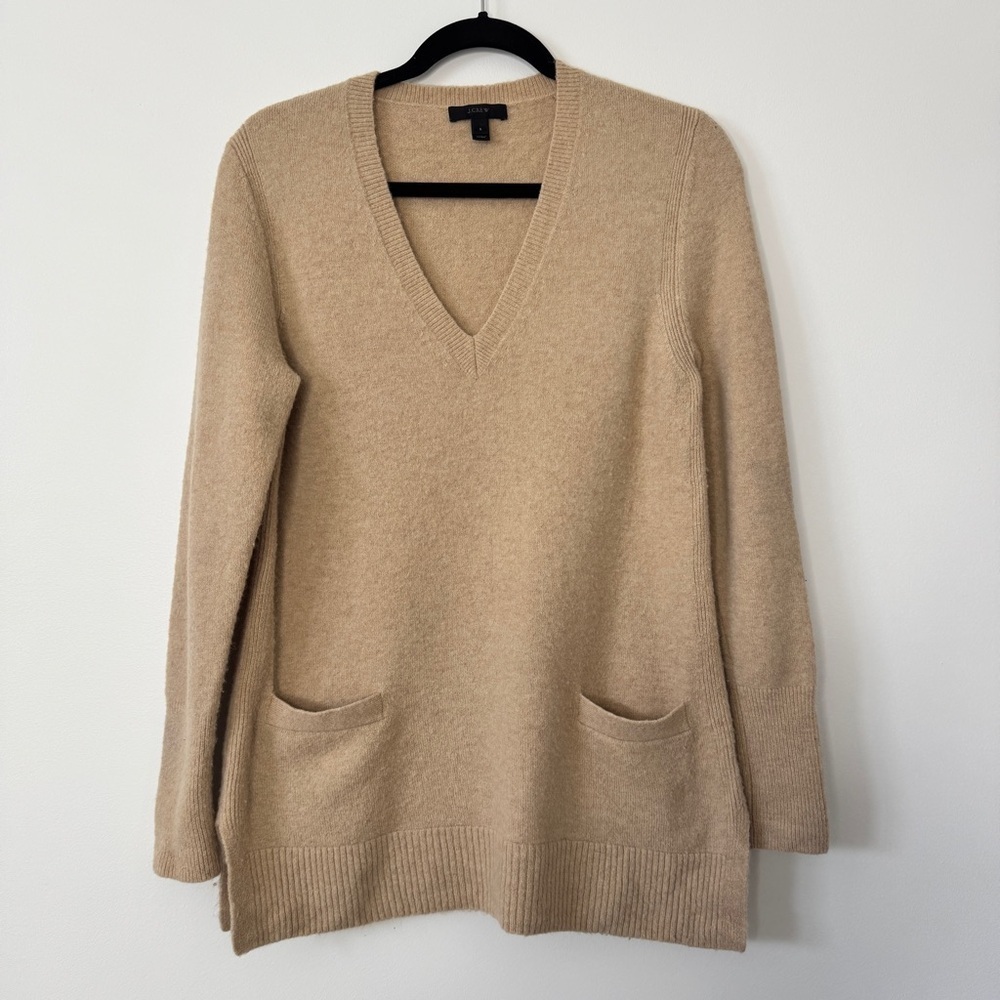 J. Crew Sweater V Neck Tunic Merino Wool Alpaca Blend Camel Tan Neutral Sz S
